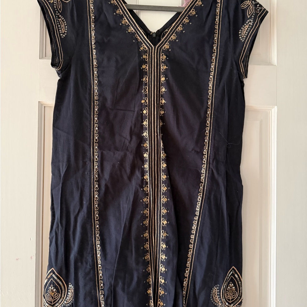 Calypso St. Barth Navy Mini Dress with Gold Embroidery